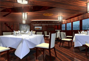 Dining room in Le Cochinchine Cruise, Mekong River cruise trip, Vietnam and Cambodia section